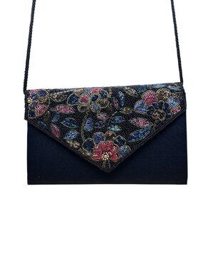 Women’s Black Beaded Floral Envelope Clutch Purse With Shoulder Strap